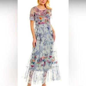 NWOT JOHNNY WAS light blue mesh maxi dress with slip, 2023 gorgeous embroidery.